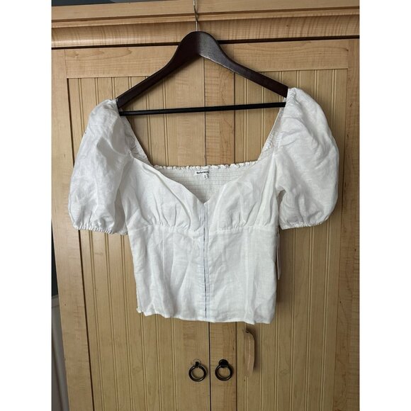 Reformation Rome White 100% Linen Puff Sleeve Smocked Cropped Peasant Top Sz 10 - Picture 9 of 9